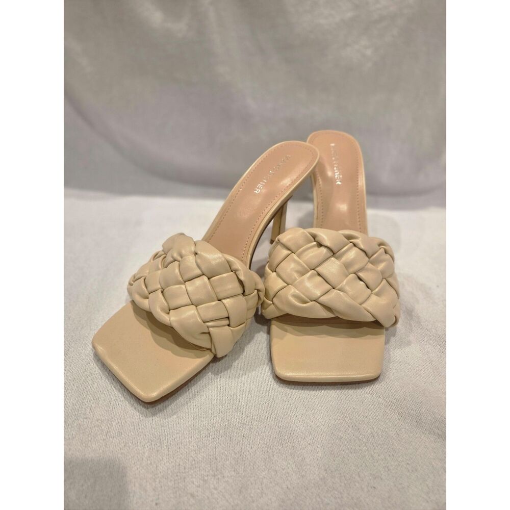 Marc Fisher Brizo Braided Square Toe Heeled Sandals Cream Nude Luxe